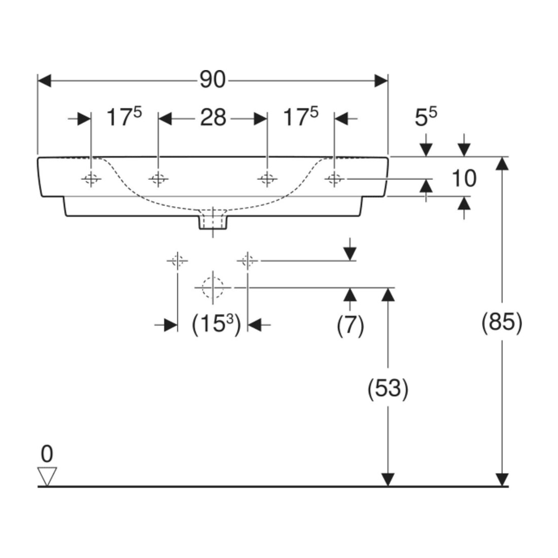 Geberit Waschtisch Renova Plan 90x48cm, HL mit., o. ÜL, Ablagefl., we.