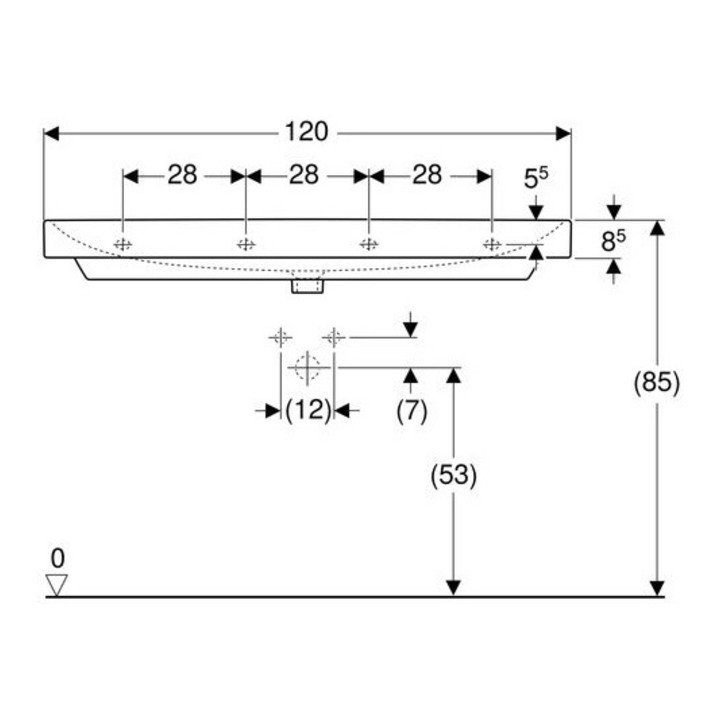Geberit Waschtisch SMYLE 1200 x 480 mm, mit zwei Hahnlöchern, mit Überlauf weiß