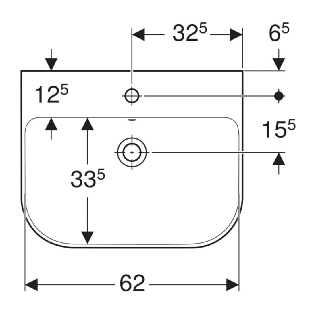 Geberit Waschtisch Smyle 65x48cm, we., mit Hahnloch, mit Überlauf