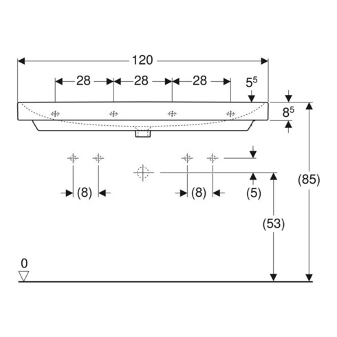 Geberit Waschtisch Smyle Square 120x48cm, Hahnl. li + re, m ÜL, weiß