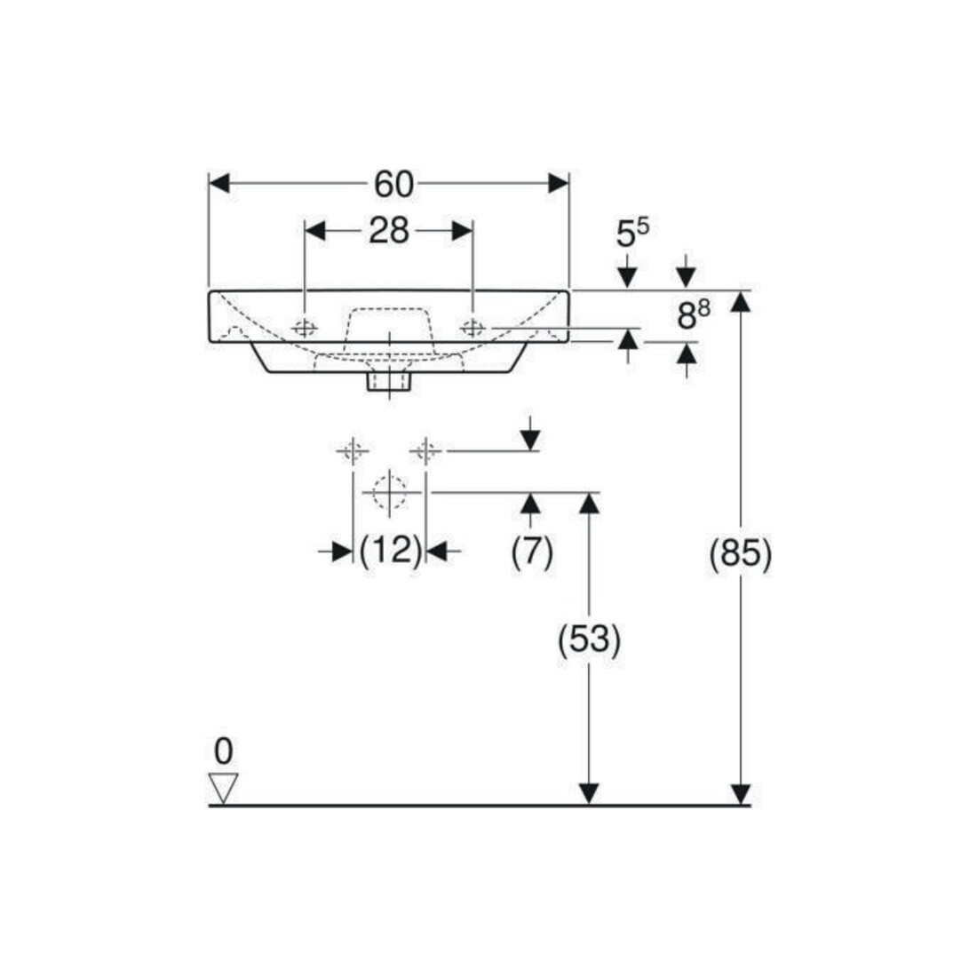 Geberit Waschtisch Smyle Square 60x48cm, we., mit Hahnloch, mit Überlauf