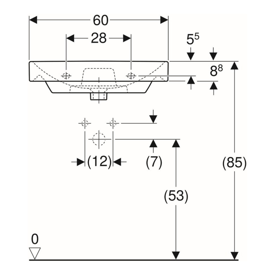 Geberit Waschtisch Smyle Square 60x48cm, we., mit Hahnloch, mit Überlauf