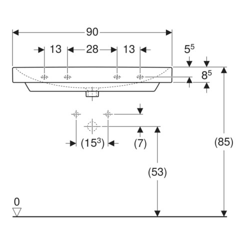 Geberit Waschtisch Smyle Square 90x48cm, we., mit Hahnloch, mit Überlauf