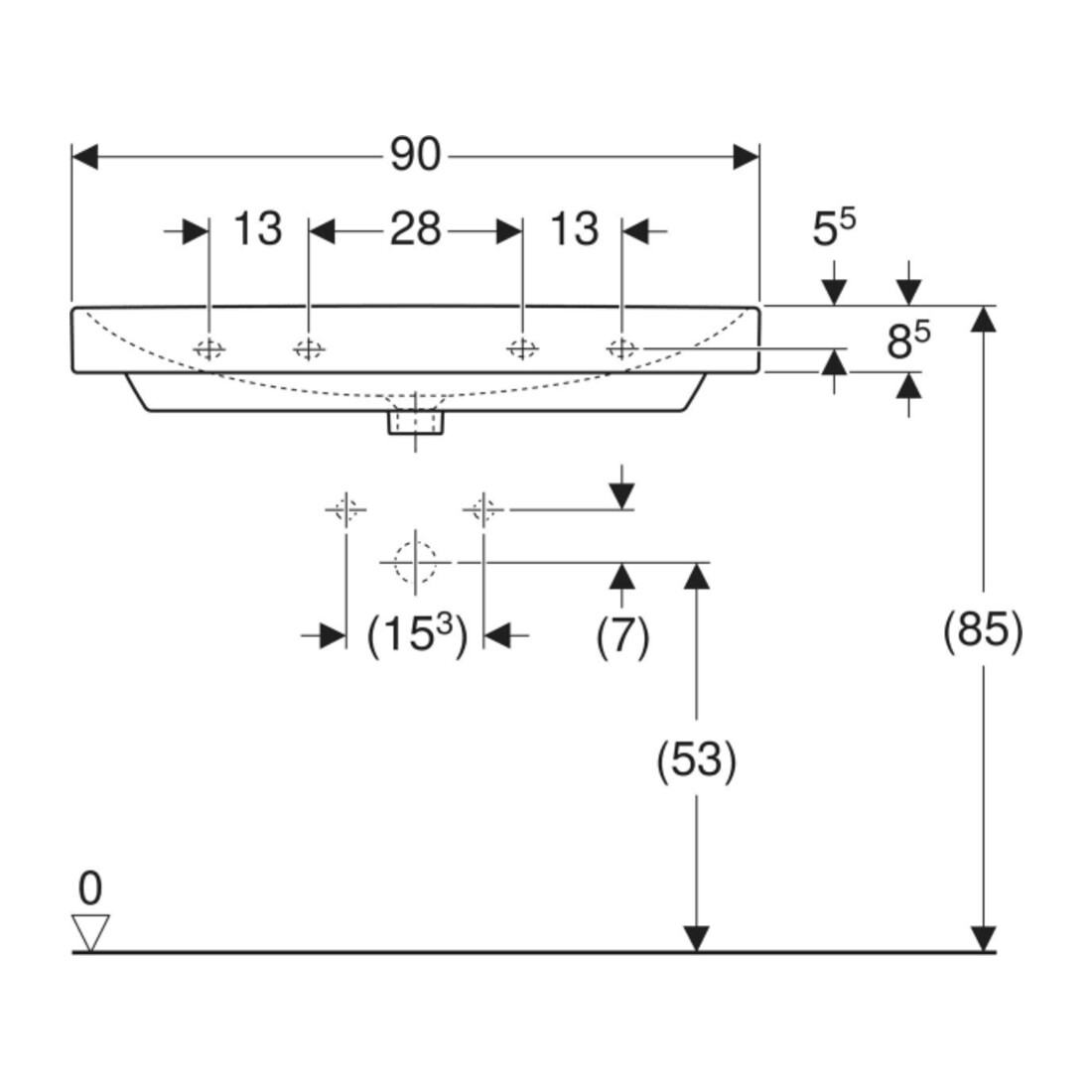Geberit Waschtisch Smyle Square 90x48cm, we., o. Hahnloch, mit Überlauf