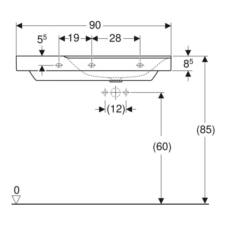 Geberit Waschtisch Xeno2 90x48cm, Ab L, HL mi, o. ÜL, we. K-Tect