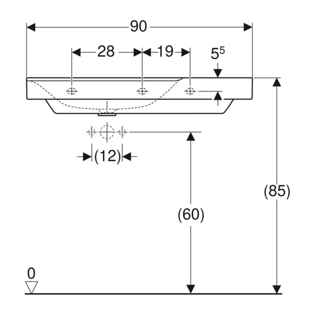 Geberit Waschtisch Xeno2 90x48cm, Ab R, HL mi, o. ÜL, we. K-Tect