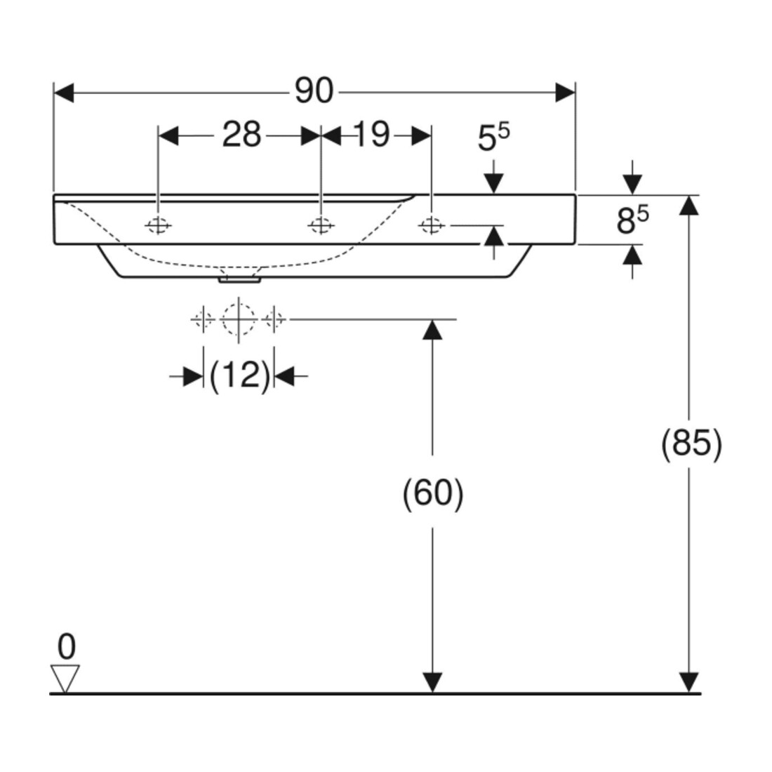 Geberit Waschtisch Xeno2 90x48cm, Ab R, o HL, o. ÜL, we. K-Tect