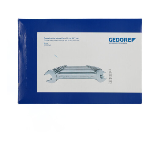 Gedore Doppelmaulschlüssel Satz, Set 10-teilig, SW 6-27 mm, metrisch, flach, Schraubenschlüssel Set, matt verchromt, 6-10