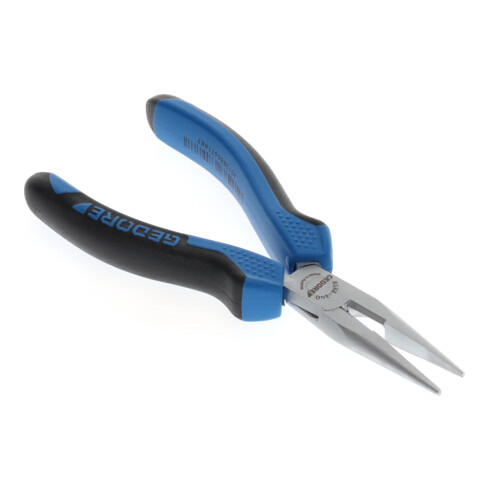 Gedore Flachrundzange, lange Backen, gezahnt, gerade, induktiv gehärtet, 2-Komponenten-Griff, Länge 140 mm, 8132-140 JC