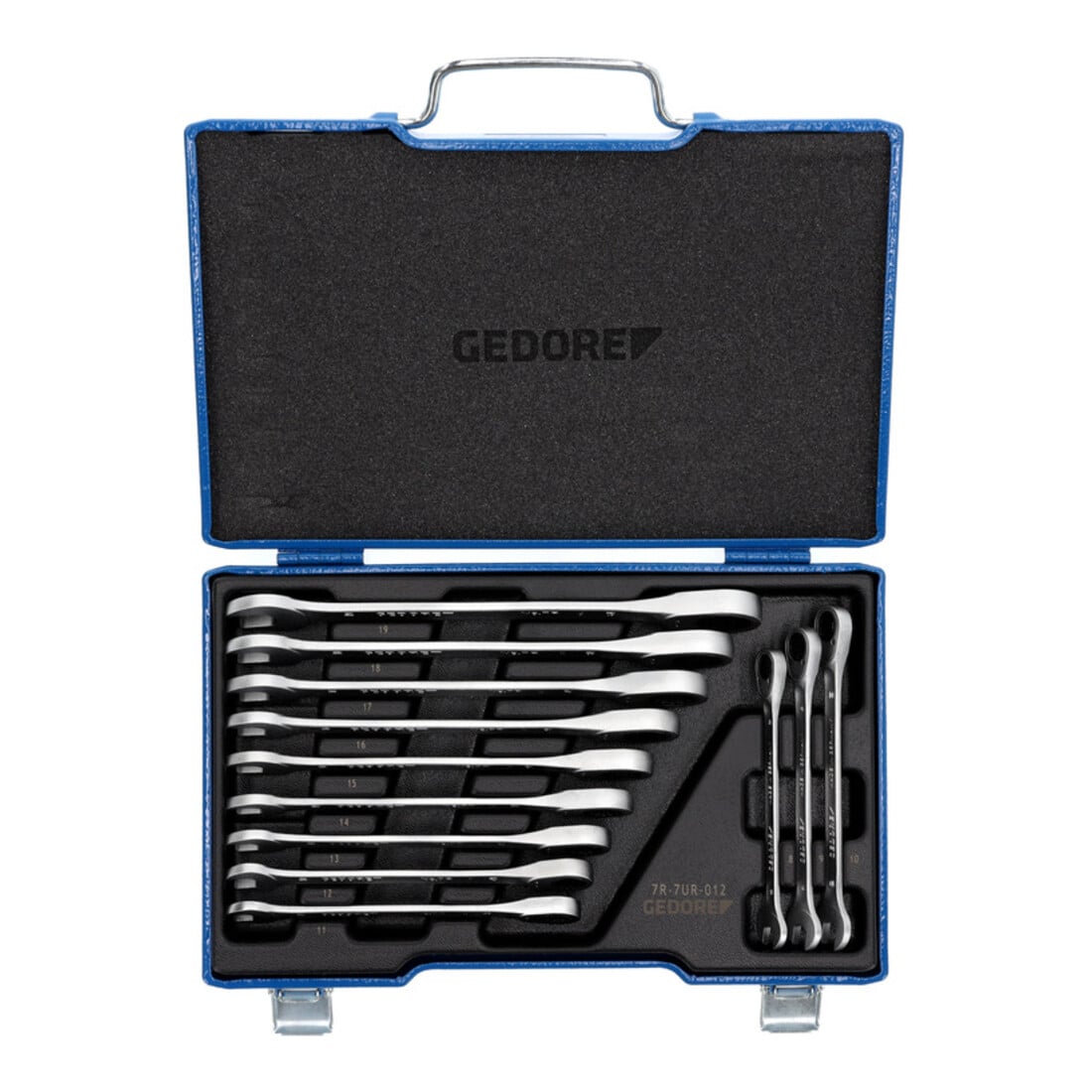 Gedore Maulschlüssel-Satz mit Ringratsche, Set 12-tlg, SW 8-19 mm, flach, Schraubenschlüssel Set, 7 R-012