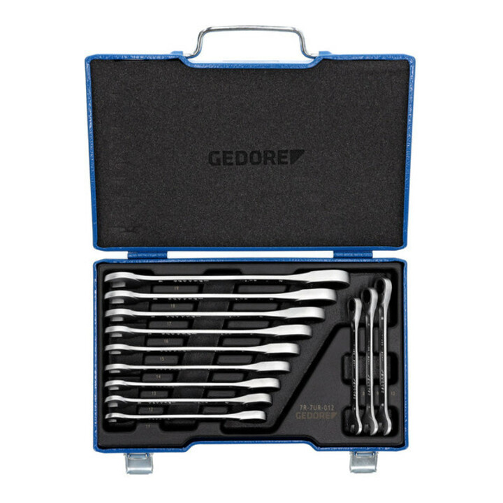 Gedore Maulschlüssel-Satz mit Ringratsche, Set 12-tlg, SW 8-19 mm, flach, Schraubenschlüssel Set, 7 R-012