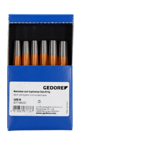 Gedore Nietzieher und -kopfsetzer-Satz, 6-teiliges Set, gehärtet für Schlagwerkzeuge, im PVC-Halter, 125 B