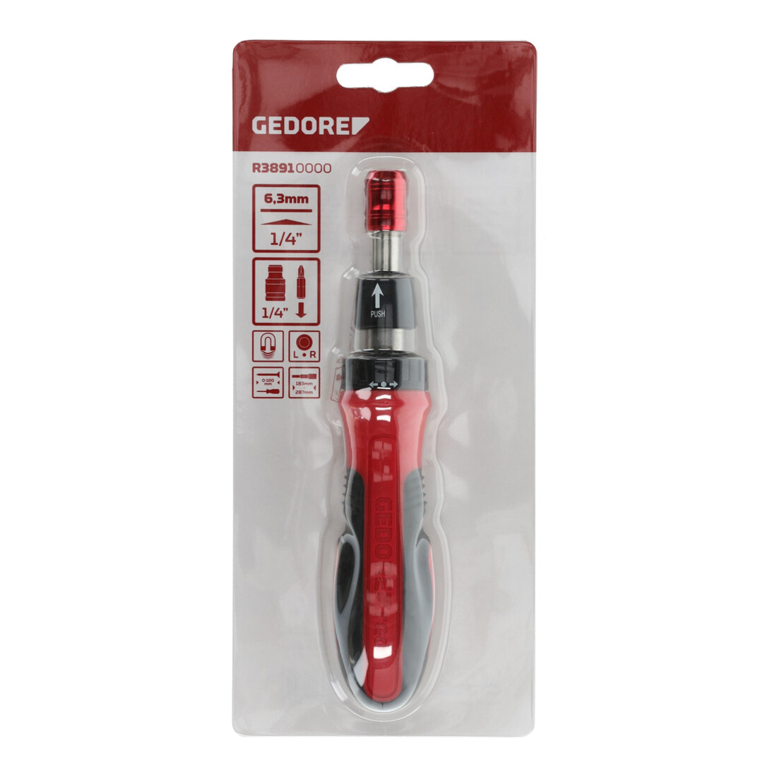 Gedore red Bit-Schraubendreher Ratsche, 1/4'' 6,3 mm 6-kant, Teleskopklinge, Schraubenzieher umschaltbar, R38910000