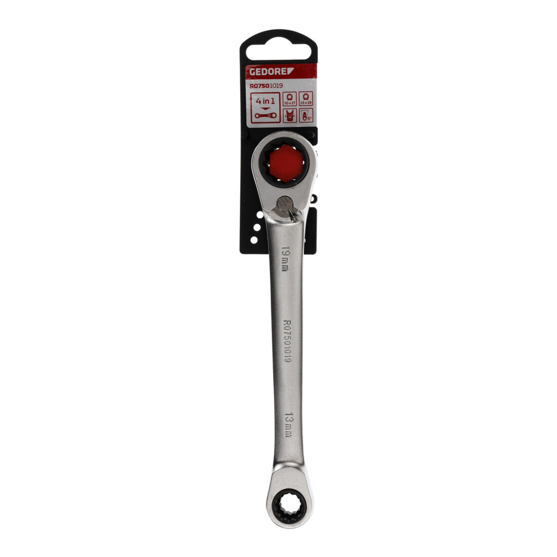 Gedore red Clé à cliquet double anneau 4 en 1, réversible, 10 13 17 19 mm, droite, clé à molette, R07501019