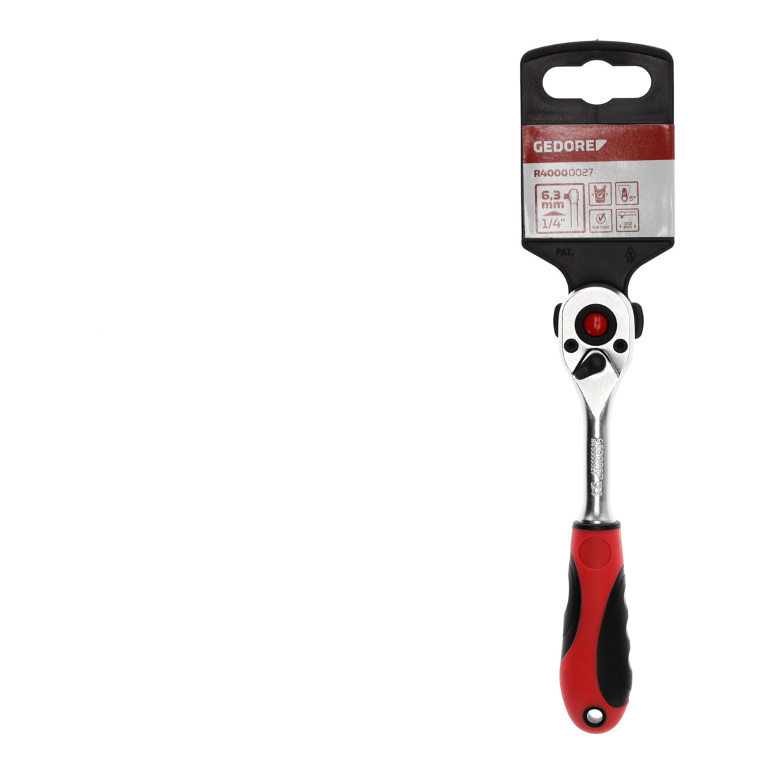 Gedore red Cliquet à levier avec poignée ergonomique 2K, déclenchement par bouton-poussoir, denture fine à 72 dents, 1/4 pouce, tube en acier, rouge/noir