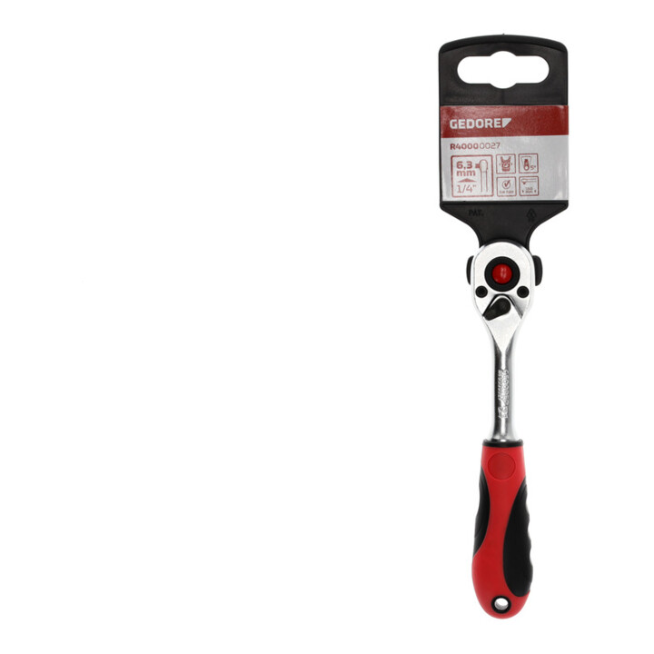 Gedore red Cliquet à levier avec poignée ergonomique 2K, déclenchement par bouton-poussoir, denture fine à 72 dents, 1/4 pouce, tube en acier, rouge/noir