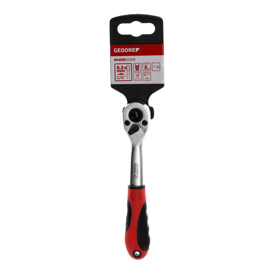 Gedore red Cliquet à levier coudé avec poignée ergonomique 2K, déclenchement par bouton-poussoir, grossièrement denté avec 36 dents, 1/4 pouce, tube en acier, rouge/noir