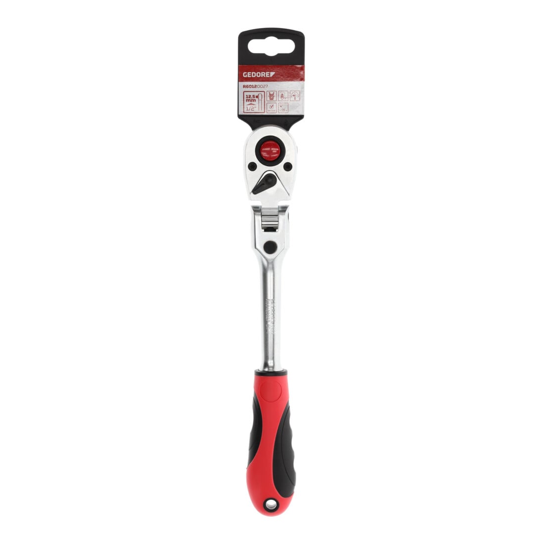 Gedore red Cliquet à tête articulée avec poignée ergonomique 2K, déclenchement par bouton-poussoir, denture fine 72 dents, 1/2 pouce, tube en acier, rouge/noir