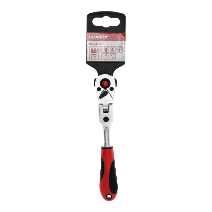 Gedore red Cliquet à tête pivotante avec poignée ergonomique 2K, déclenchement par bouton-poussoir, denture fine 72 dents, 1/4 pouce, tube en acier, rouge/noir