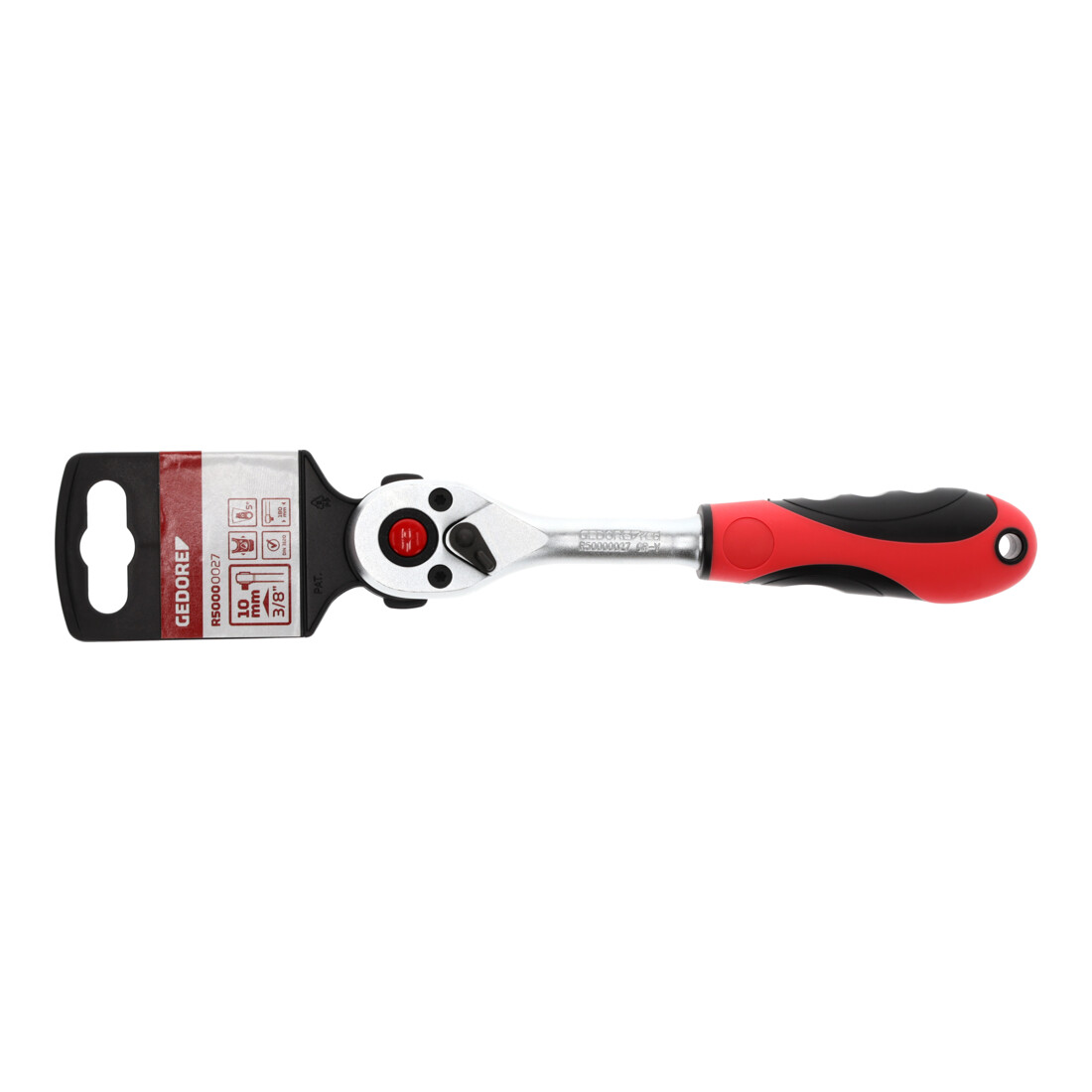 Gedore red Cliquet réversible, for 3/8 inch, 10 mm entraînement, long, angle de retour 5°, longueur 180 mm, poignée 2K, R50000027