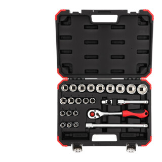 Gedore red Coffret de clés à douille, 24 pièces, avec cliquet réversible, cliquet, clés à douille et jeu de embouts, 1/2"