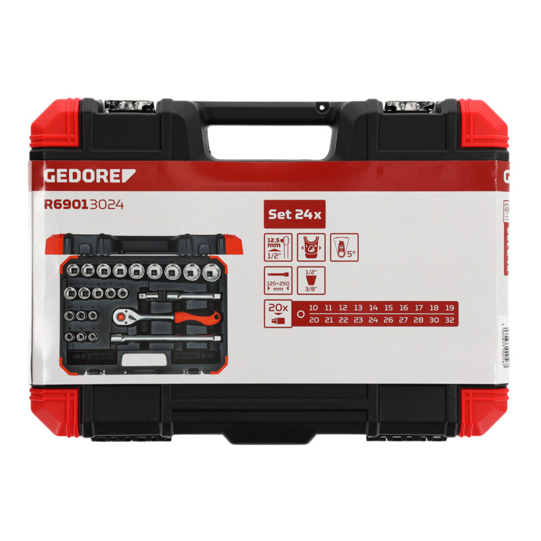 Gedore red Coffret de clés à douille, 24 pièces, avec cliquet réversible, cliquet, clés à douille et jeu de embouts, 1/2"