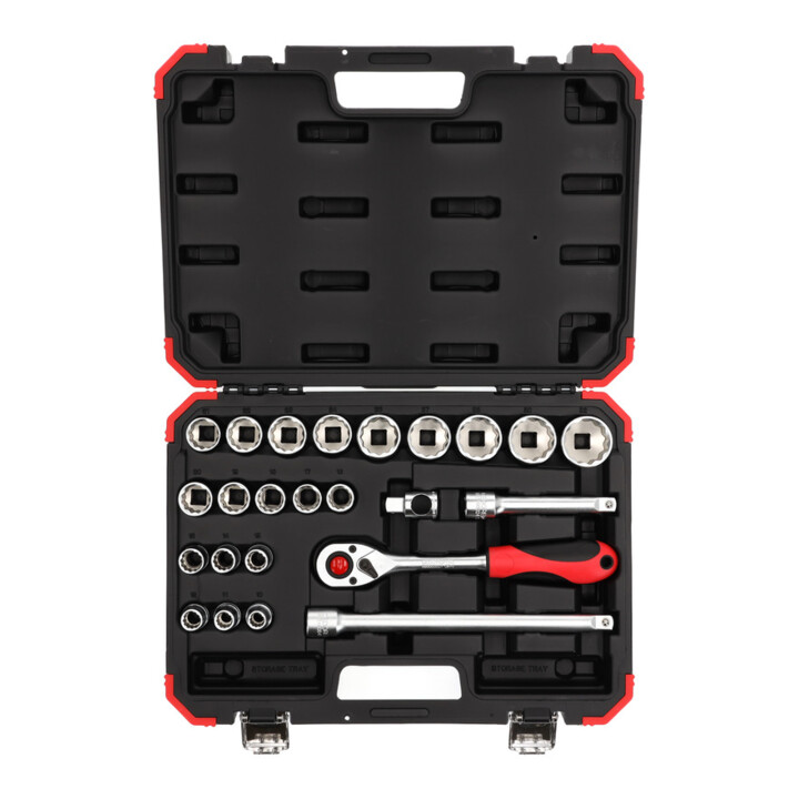 Gedore red Coffret de clés à douille, 24 pièces, avec cliquet réversible, cliquet, clés à douille et jeu de embouts, 1/2"