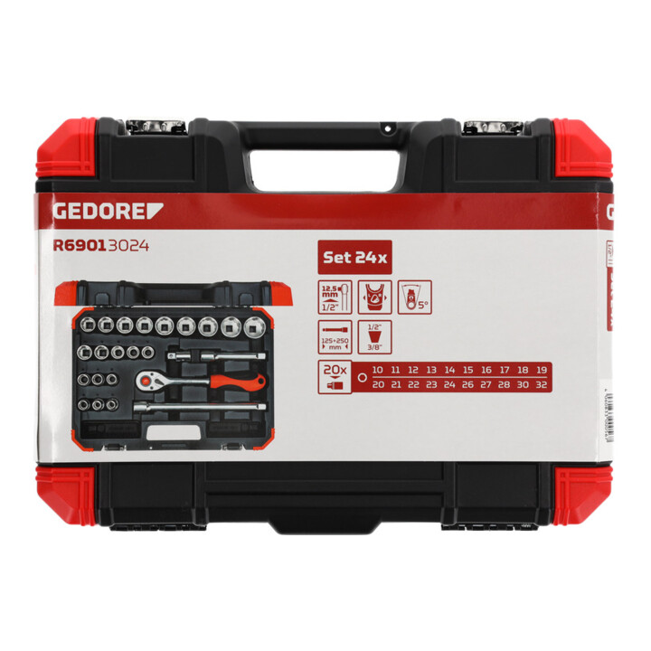 Gedore red Coffret de clés à douille, 24 pièces, avec cliquet réversible, cliquet, clés à douille et jeu de embouts, 1/2"