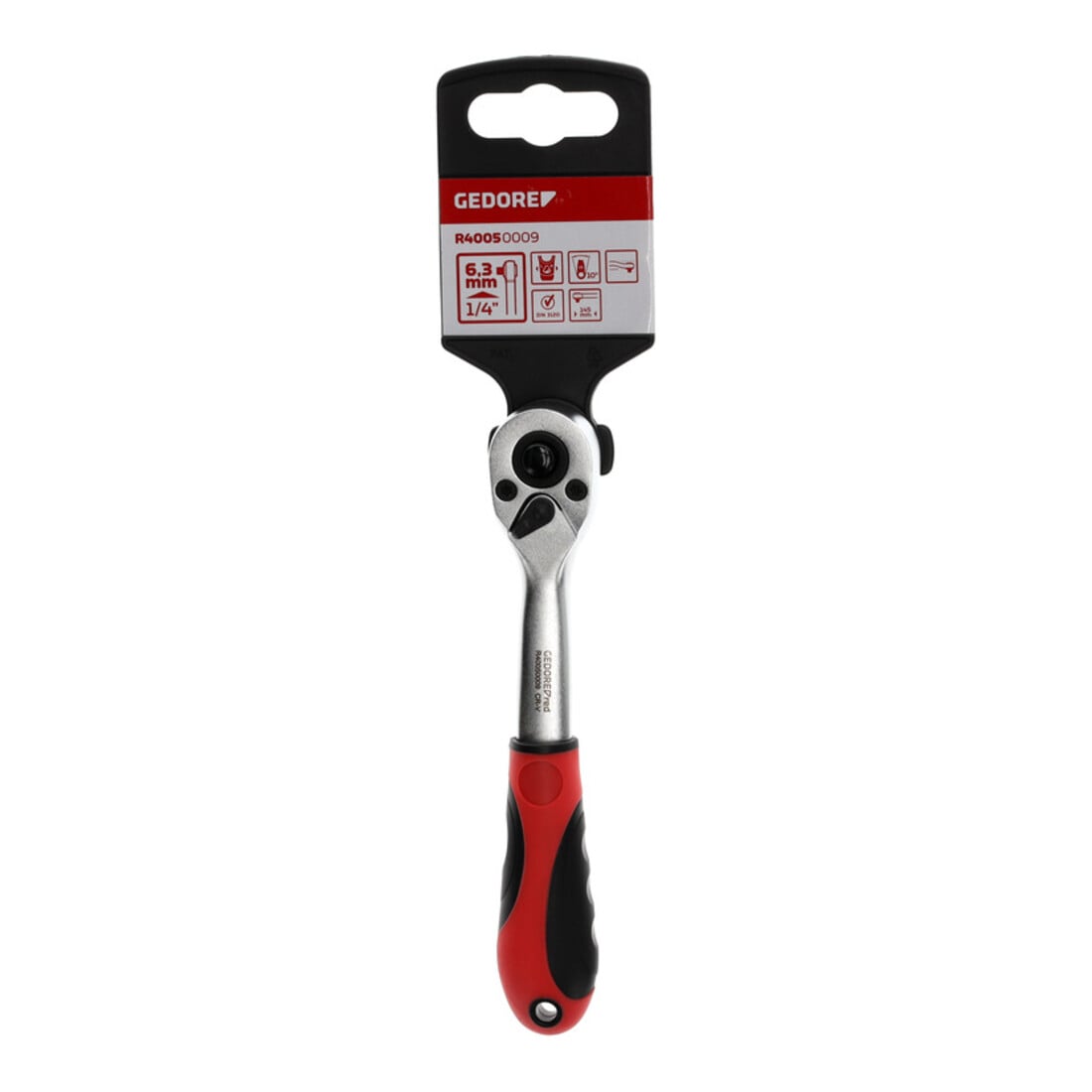 Gedore red Cricchetto reversibile a leva piegata con impugnatura ergonomica 2K, sgancio a pulsante, dentatura grossa a 36 denti, 1/4 pollice, tubo d’acciaio, rosso/nero