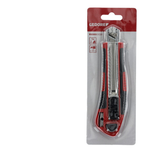 Gedore red Cuttermesser mit 5 Ersatzklingen, 18 mm breit, Abbrechklingen, Metall, einhand, 175 mm lang, R93200018