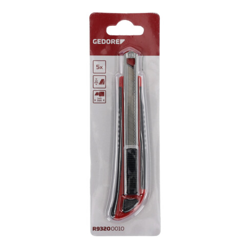 Gedore red Cuttermesser mit 5 Ersatzklingen, 9 mm breit, klein, Abbrechklingen, Metall, einhand, 145 mm lang, R93200010