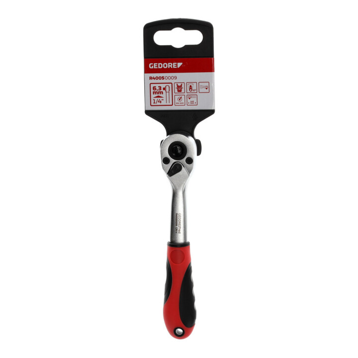 Gedore red Geknikte hendel-omschakelratel met ergonomische 2K-handgreep, drukknopontgrendeling, grof vertand met 36 tanden, 1/4 inch, stalen buis, rood/zwart