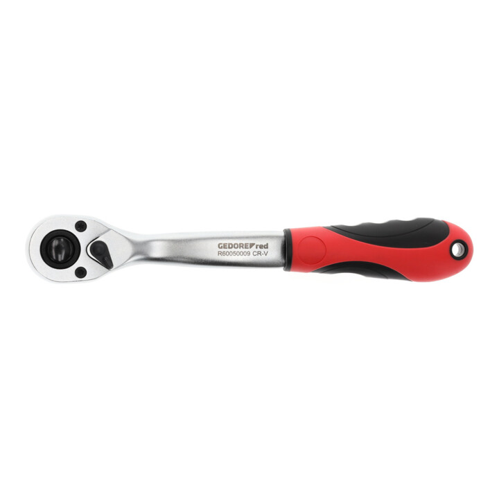 Gedore red Gekröpfte Hebel-Umschaltknarre mit ergonomischem 2K-Griff, Druckknopfauslösung, Grobverzahnt mit 36 Zähnen, 1/2 Zoll, Stahlrohr, Rot/Schwarz