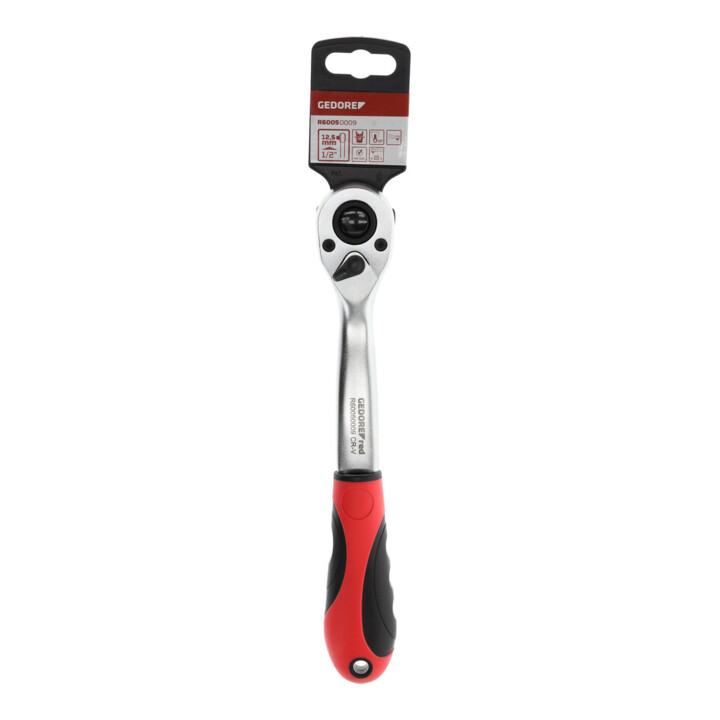 Gedore red Gekröpfte Hebel-Umschaltknarre mit ergonomischem 2K-Griff, Druckknopfauslösung, Grobverzahnt mit 36 Zähnen, 1/2 Zoll, Stahlrohr, Rot/Schwarz