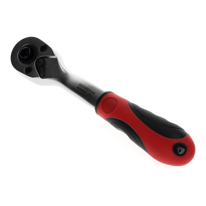 Gedore red Gekröpfte Hebel-Umschaltknarre mit ergonomischem 2K-Griff, Druckknopfauslösung, Grobverzahnt mit 36 Zähnen, 1/4 Zoll, Stahlrohr, Rot/Schwarz