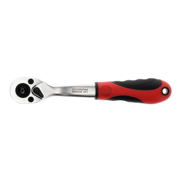 Gedore red Gekröpfte Hebel-Umschaltknarre mit ergonomischem 2K-Griff, Druckknopfauslösung, Grobverzahnt mit 36 Zähnen, 1/4 Zoll, Stahlrohr, Rot/Schwarz