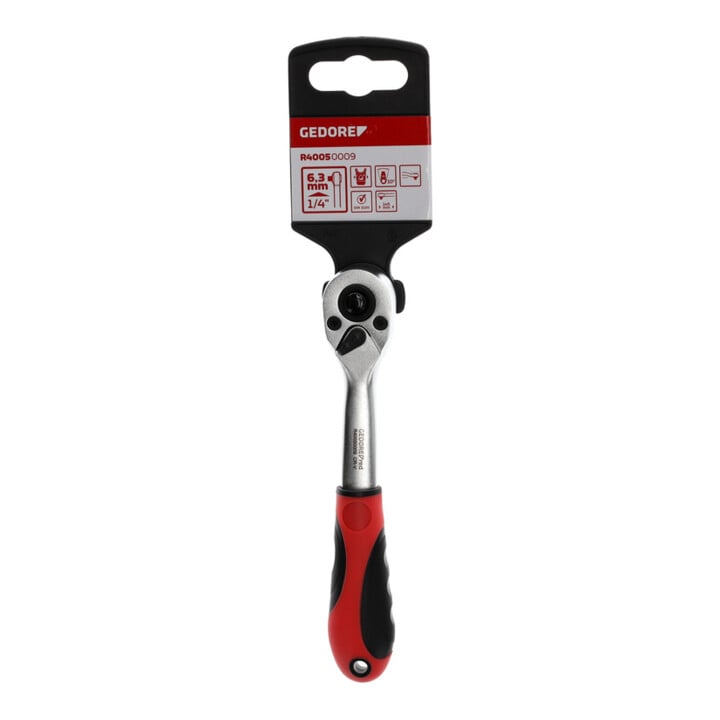Gedore red Gekröpfte Hebel-Umschaltknarre mit ergonomischem 2K-Griff, Druckknopfauslösung, Grobverzahnt mit 36 Zähnen, 1/4 Zoll, Stahlrohr, Rot/Schwarz