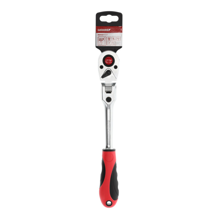Gedore red Gelenk-Umschaltknarre mit ergonomischem 2K-Griff, Druckknopfauslösung, Feinverzahnung mit 72 Zähnen, 1/2 Zoll, Stahlrohr, Rot/Schwarz