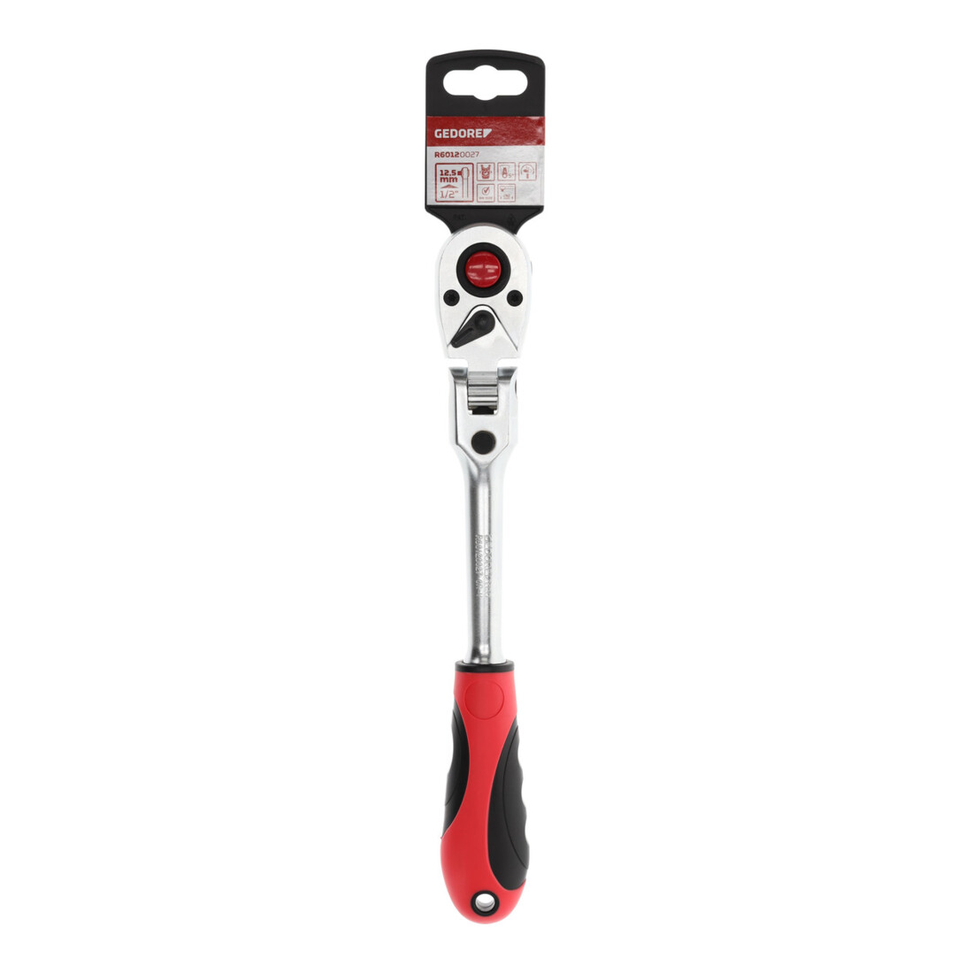 Gedore red Gelenk-Umschaltknarre mit ergonomischem 2K-Griff, Druckknopfauslösung, Feinverzahnung mit 72 Zähnen, 1/2 Zoll, Stahlrohr, Rot/Schwarz