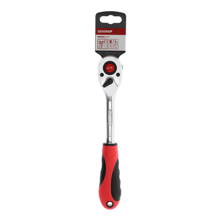 Gedore red Hebel-Umschaltknarre mit ergonomischem 2K-Griff, Druckknopfauslösung, Feinverzahnung mit 72 Zähnen, 1/2 Zoll, Stahlrohr, Rot/Schwarz