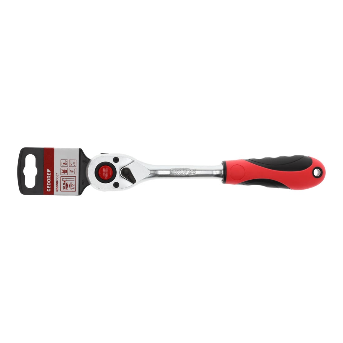 Gedore red Hebel-Umschaltknarre mit ergonomischem 2K-Griff, Druckknopfauslösung, Feinverzahnung mit 72 Zähnen, 1/2 Zoll, Stahlrohr, Rot/Schwarz