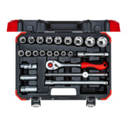 Gedore red Jeu de clés à douille, 24 pièces, avec cliquet réversible, douilles et clé pour bougies, 1/2"