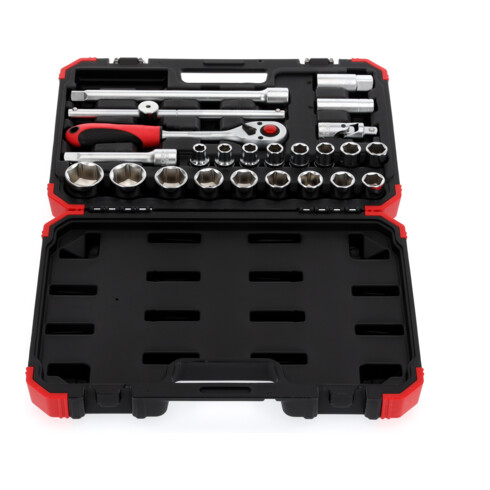 Gedore red Jeu de clés à douille, 24 pièces, avec cliquet réversible, douilles et clé pour bougies, 1/2"