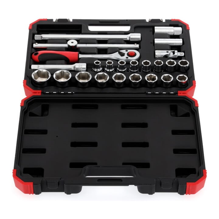 Gedore red Jeu de clés à douille, 24 pièces, avec cliquet réversible, douilles et clé pour bougies, 1/2"