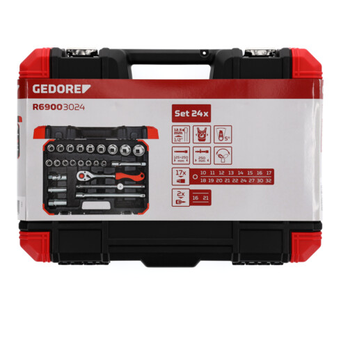 Gedore red Jeu de clés à douille, 24 pièces, avec cliquet réversible, douilles et clé pour bougies, 1/2"
