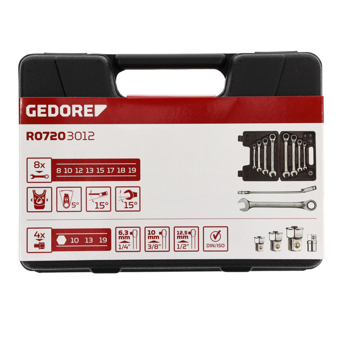 Gedore red Jeu de clés mixtes à cliquet réversible, avec adaptateur, 12 pièces, SW 8-19 mm, coudé, R07203012