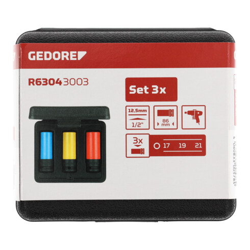 Gedore red Kraftschroevendraaier-dopsleutelset met beschermhulzen, 3-dlg., 17/19/21 mm, dieptestop, met kleurcodering, chroom-molybdeenstaal