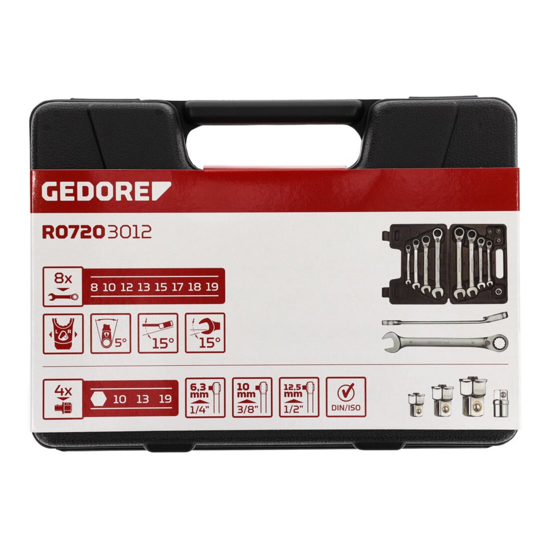 Gedore red Maul-Ringratschenschlüssel-Satz, umschaltbar, inkl. Adapter, Set 12-tlg, SW 8-19 mm, abgewinkelt, R07203012