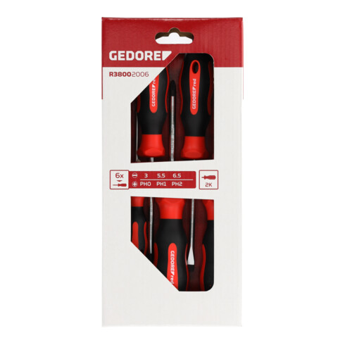 Gedore red Schraubendreher-Set 6-teilig, Schraubenzieher-Satz Schlitz/Kreuzschlitz, 2-Komponenten-Griff, Werkzeug, R38002006