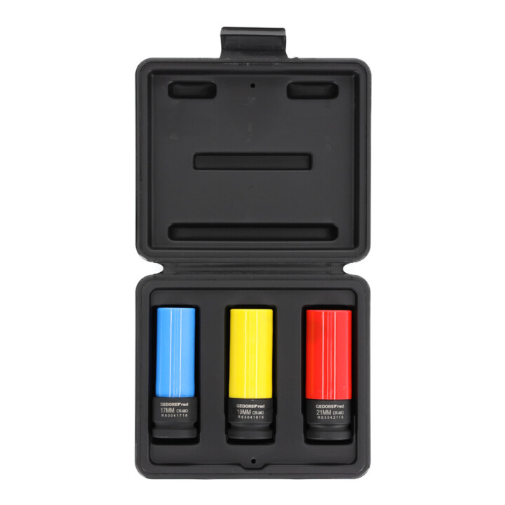 Gedore red Set de clés à douille Kraftschrauber avec douilles de protection, 3 pièces, 17/19/21 mm, butée de profondeur, avec codage couleur, acier chrome-molybdène